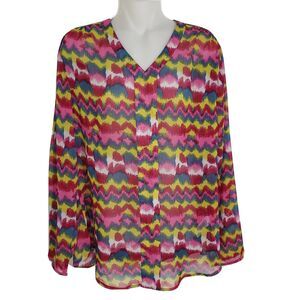 Wrangler Womens Medium Sheer Blouse Long Sleeve Multicolor Top Casual V Neck